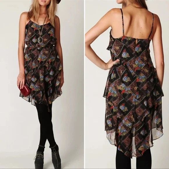 Free People 12 floral chiffon ruffle layered adjustable straps mini dress boho - Picture 1 of 11